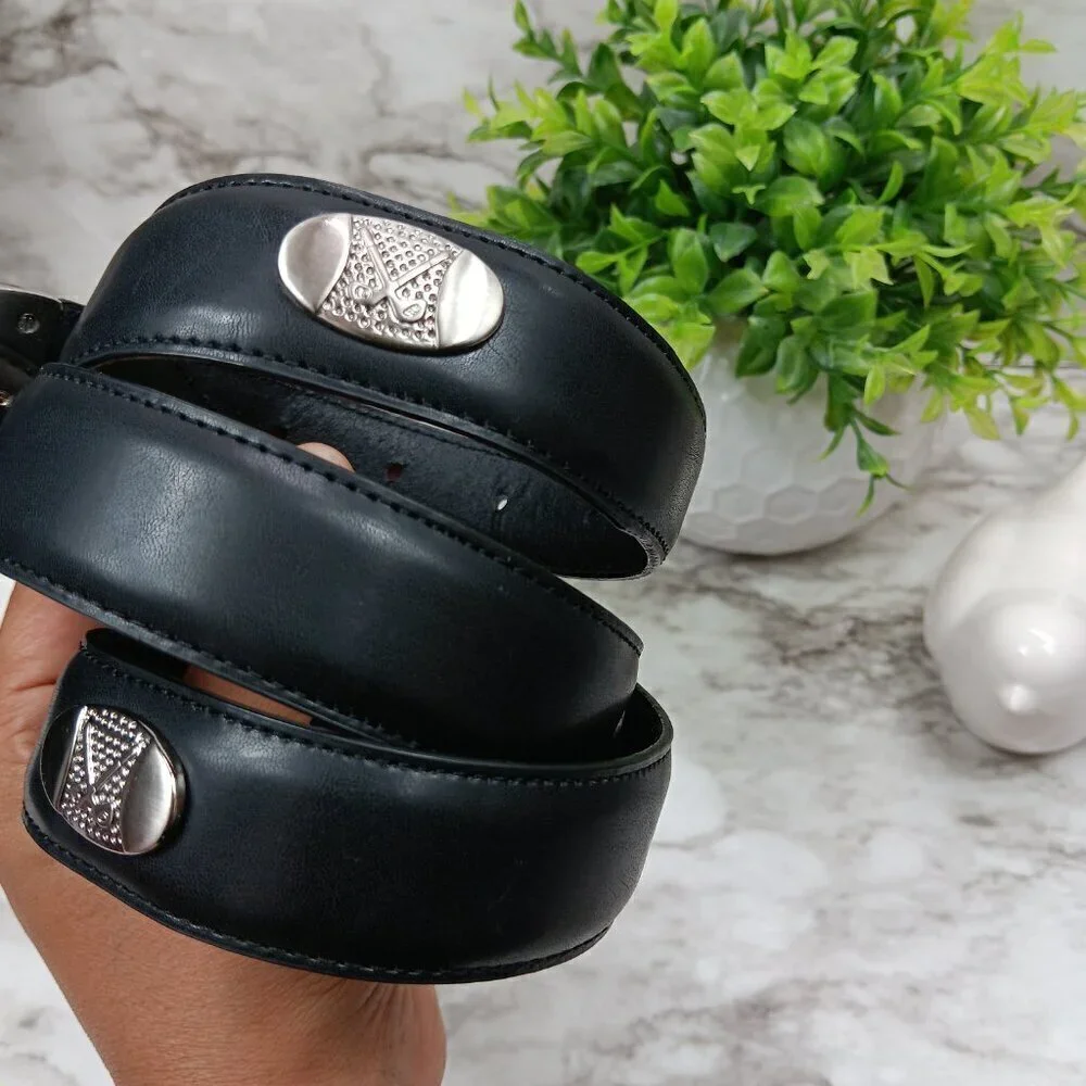 SNAKE EYES Men's Black Leather Golf Metal Concho Belt Size 36